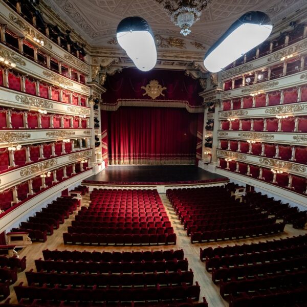 Stunning view of the historic La Scala Opera House theater in Milan, Italy.